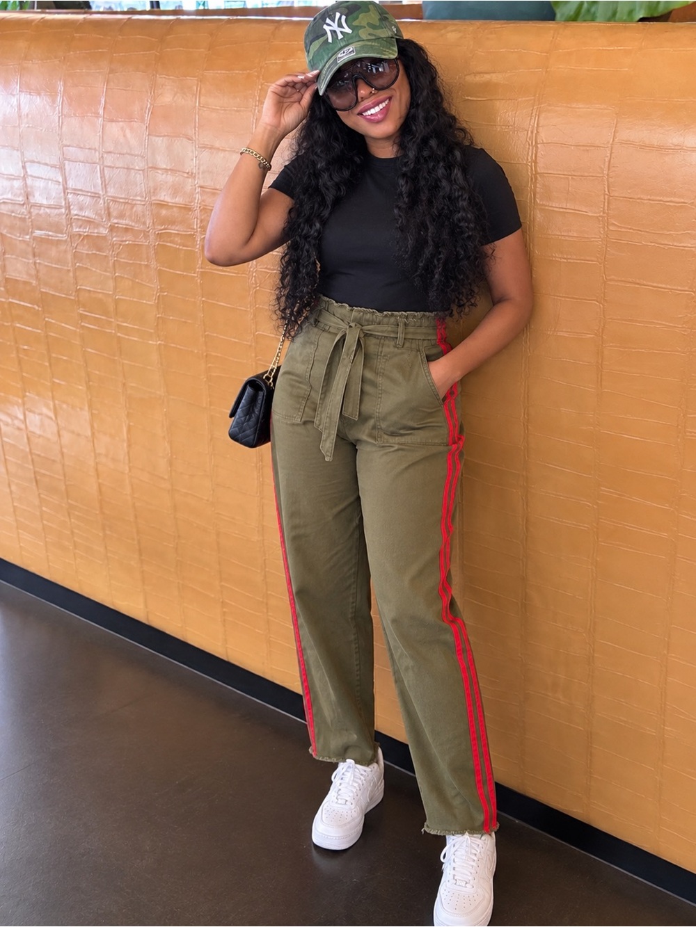 Zara Olive Green Cargo Pants with Red Side Stripes